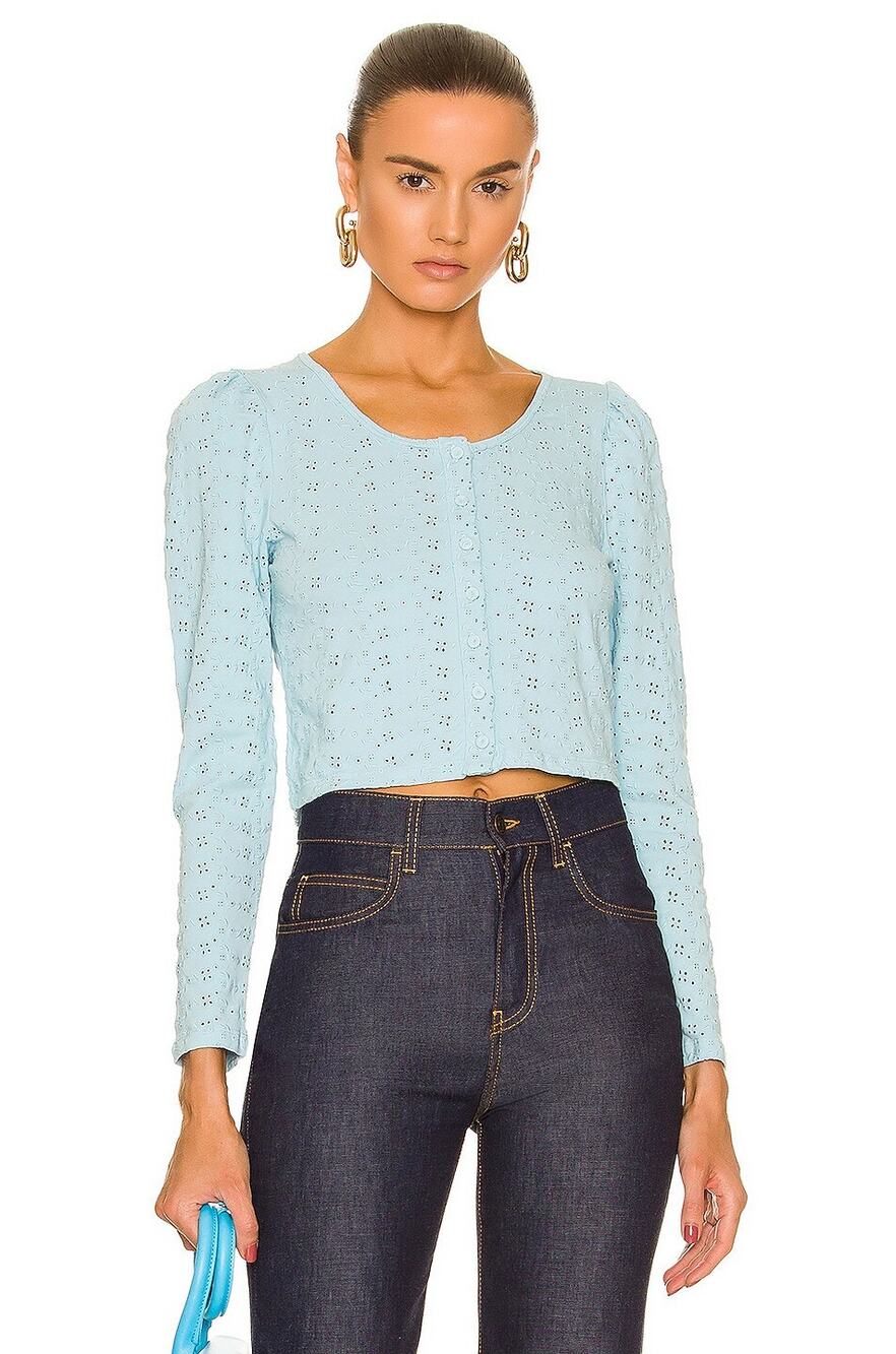 Love Shack Fancy Jonah Crop Cardigan - Powder Blue - Size Extra Small